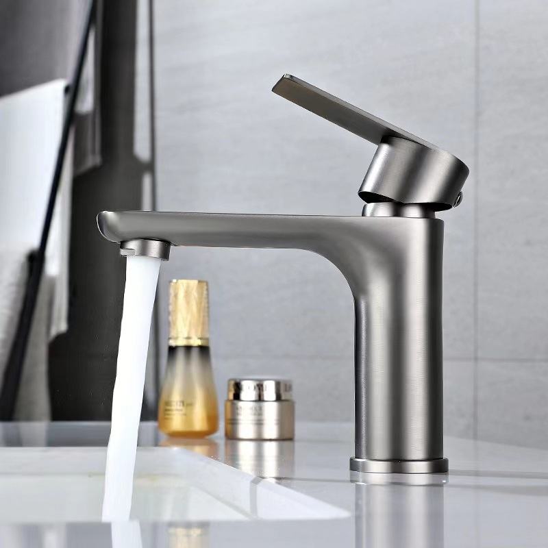 Modern single hole stainless steel gun gray basin faucet with cold and hot flat design for household bathroom washbasin table